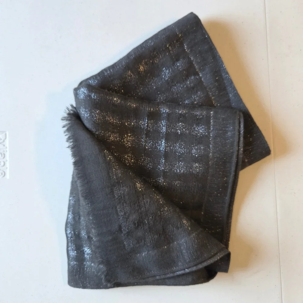 Eileen Fisher Charcoal Grey Silver Metallic Wool Fringe Scarf Shawl Wrap O/S